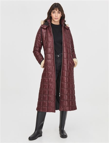 Fur Detailed Quilted Coat Claret Red