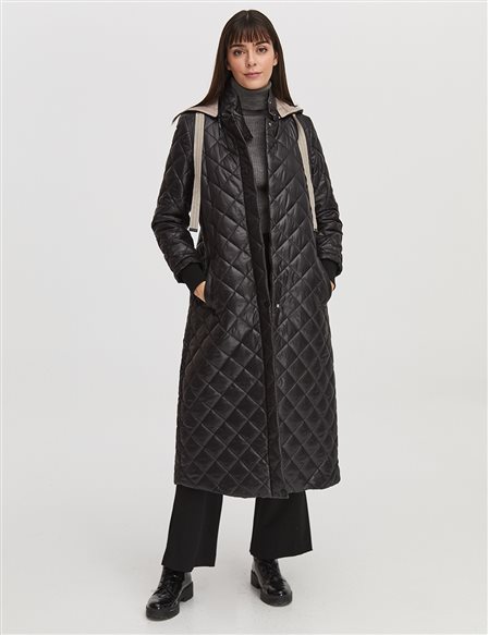 Ribbed Quilted Coat Black