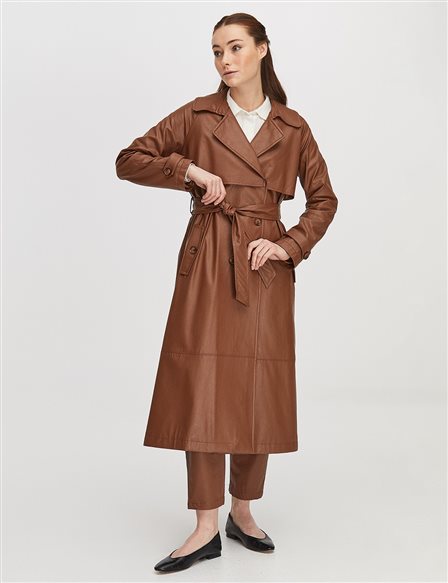 Belted Double Breasted Leather Trench Coat Camel