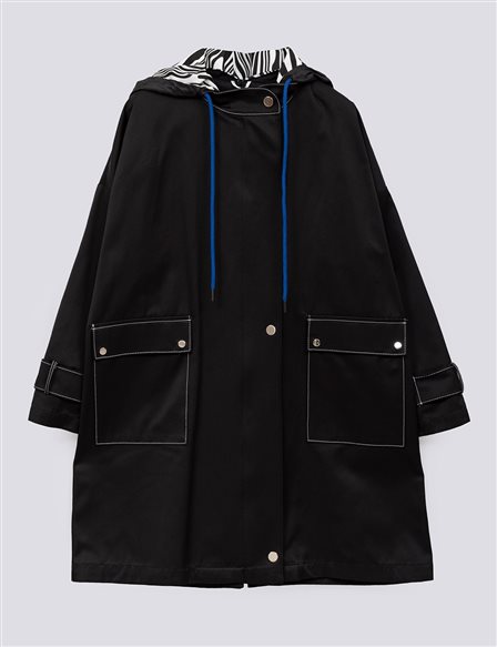 Contrast Stitched Trench Coat Black