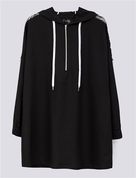 Şerit Detaylı Kapüşonlu Sweatshirt Siyah