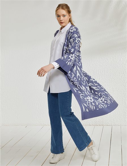 Soyut Desenli Kimono Kol Triko Hırka Mavi-Beyaz