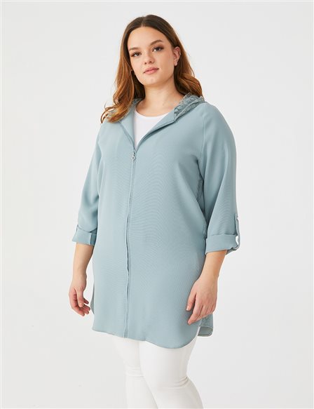 Lace Hood and Stripe Detailed Tunic Mint