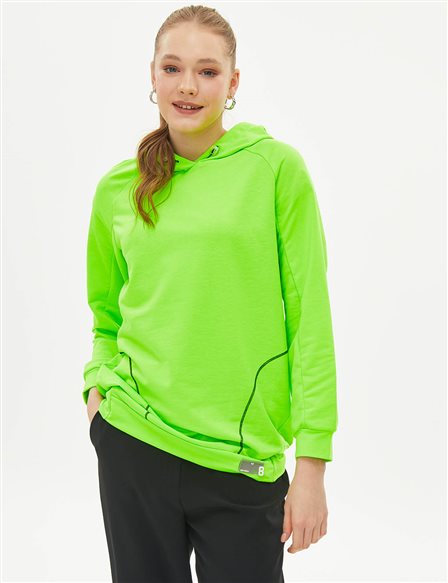 Kontrast Dikişli Kapüşonlu Sweatshirt Neon Yeşil