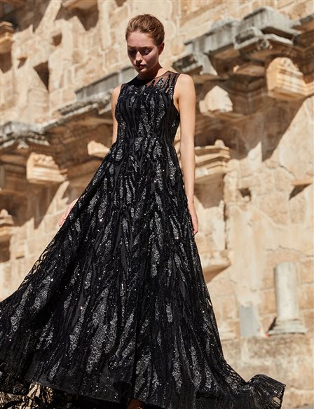 TIARA Collar Detailed Evening Gown With Sequin Details B9 26013 Black