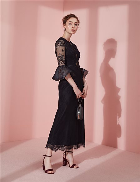 TIARA Lace Ruffle Evening Dress Black