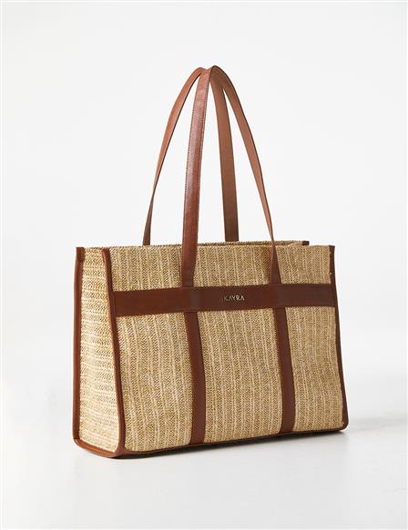 Leather Detailed Straw Bag Tobacco