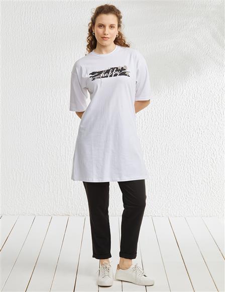 Taş Süslemeli Baskılı Sıfır Yaka T-Shirt Beyaz