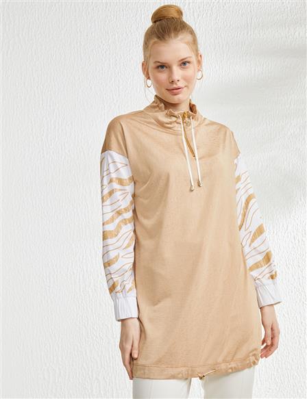 Abstract Patterned Pleated Grandad Collar Tunic Beige