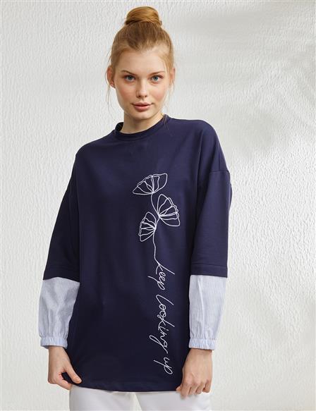 Slogan Embroidered Round Neck Sweatshirt Navy