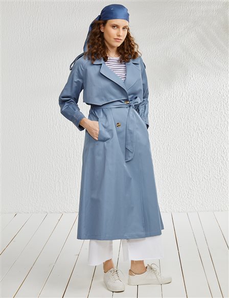 Ankle Embroidery Detailed Double Breasted Trench Coat Indigo