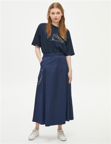 Embroidered Pleated Skirt Navy