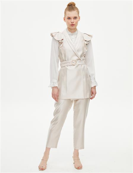 Butterfly Sleeve Double Breasted Collar Belted Suit Stone