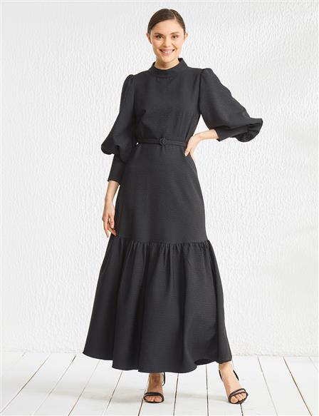 Jacquard Grandad Collar Long Dress Black