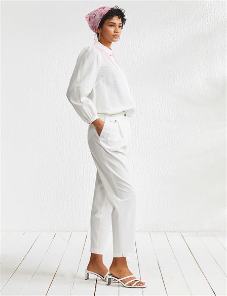 Beli Lastikli Pileli Kumaş Pantolon Beyaz