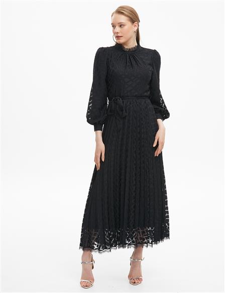 Pleated Skirt Jacquard Dress Black