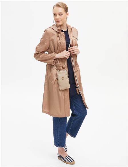 Pleated Hooded Trench Coat Camel