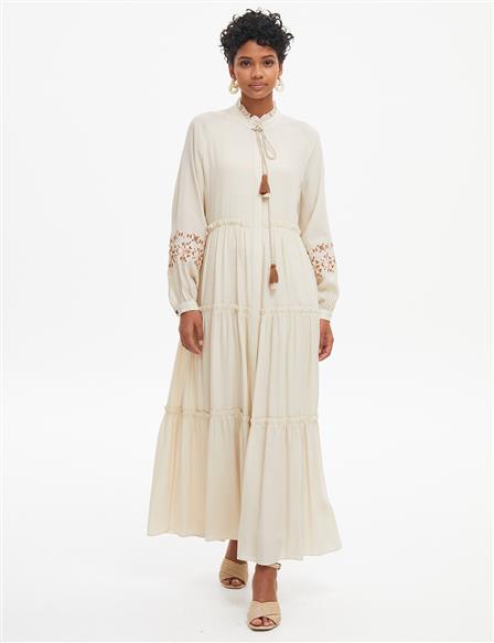Embroidered Sleeves Pleated Collar Dress Cream