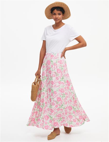 Floral Pattern Flowy Skirt Pink
