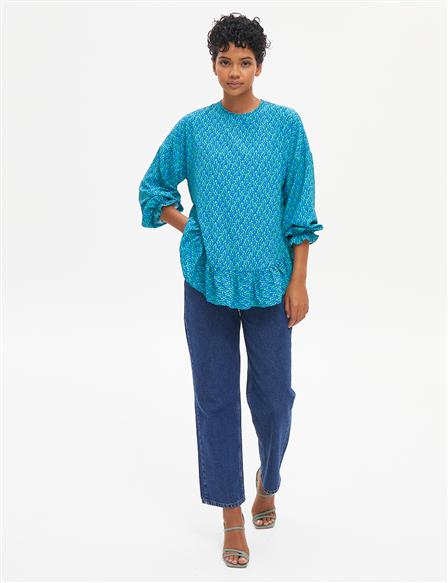 Ruffle Printed Blouse Turquoise