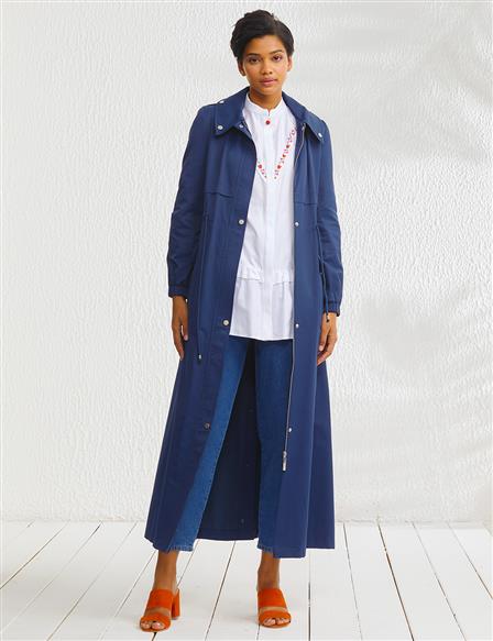 Hooded Rope Belted Long Topcoat Navy