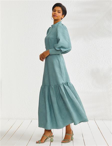 Jacquard Grandad Collar Long Dress Mint