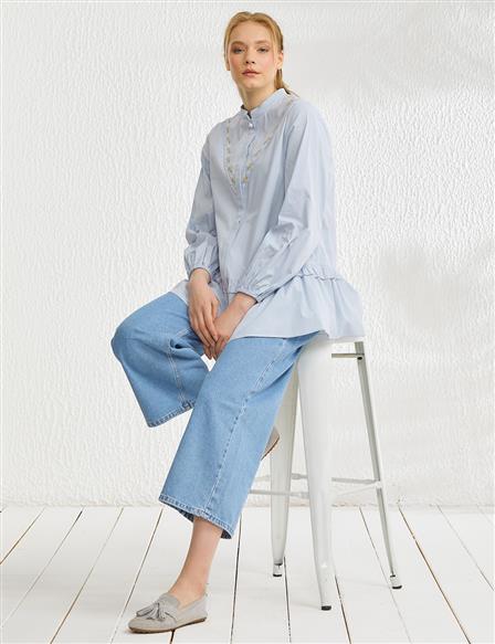 Frilly Embroidered Balloon Sleeve Blouse Light Blue