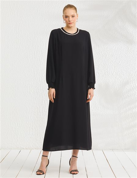 Embroidered Round Neck Collar Long Dress Black