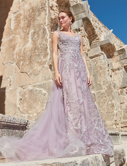 TIARA Low-Cut Back Evening Dress With Tail Pastel Lilac
