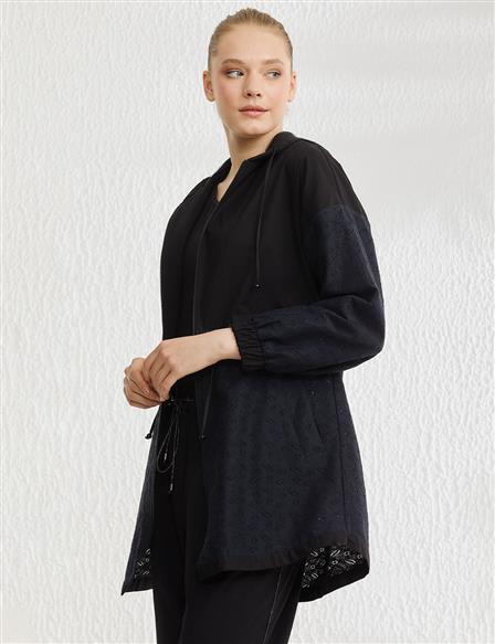 Scalloped Casual Trench Coat Black