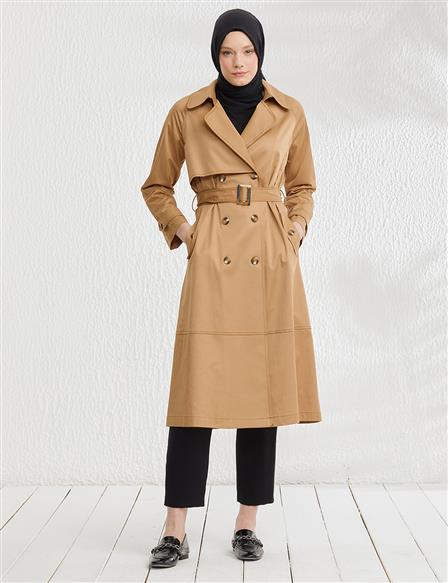 Wide Collar Double Breasted Trench Coat / Cap Camel