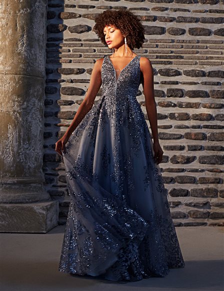 TIARA Sequined, Flowy Evening Dress Blue Granite