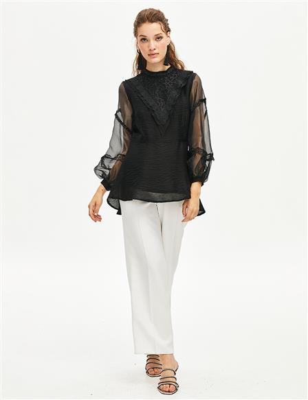 Lace Sleeves Tulle Blouse Black