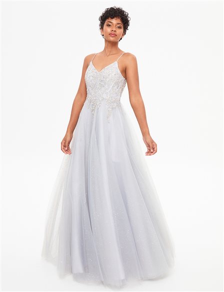TIARA Sparkling Stone Embroidered Tulle Evening Dress Silver