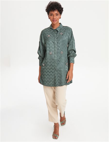 Stone Embroidered Jacquard Shirt Green