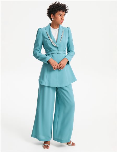 Stone Embroidered Double Breasted Suit Mint