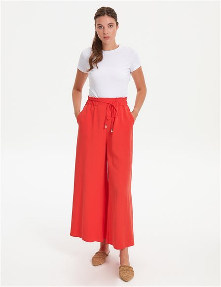 Wide Leg Pants With Elastic Waist Red