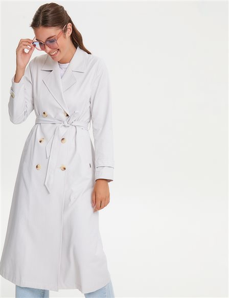 KYR Bone Button Belted Trench Coat Light Grey
