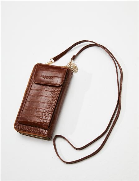 Croco Patterned Multifunctional Wallet Bag Tobacco