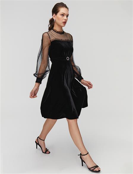 Belted Grandad Collar Dress Black