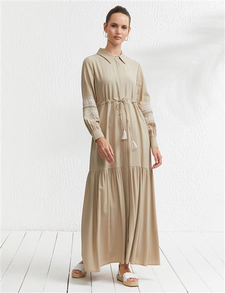 KYR Sleeves Embroidered Layered Dress Fossil