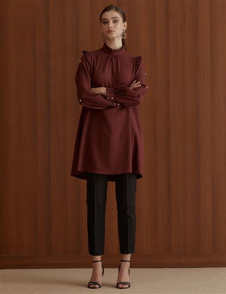 Collar and Shoulder Pleated Tunic Bronze Brown