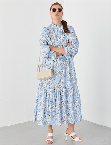 Fırfır Yakalı Floral Desenli Elbise Mavi-Beyaz