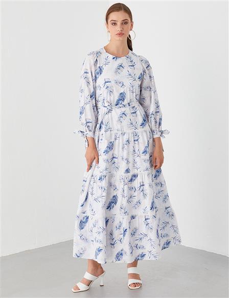 Şerit Fistolu Floral Desen Elbise Ekru-Kobalt Mavi