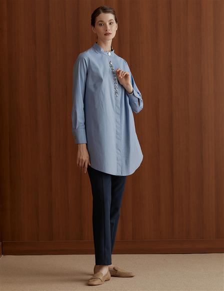 Ribbed Embroidered Grandad Collar Tunic Sky Blue