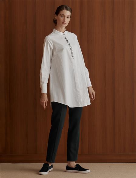 Ribbed Embroidered Grandad Collar Tunic White