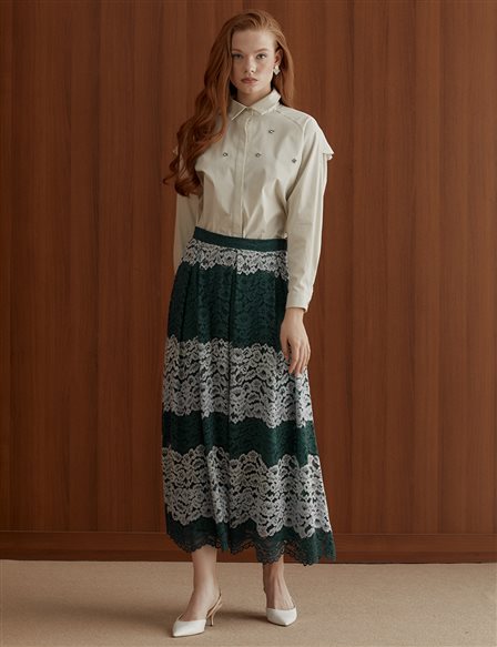 Floral Pattern Lace A-line Skirt Petrol