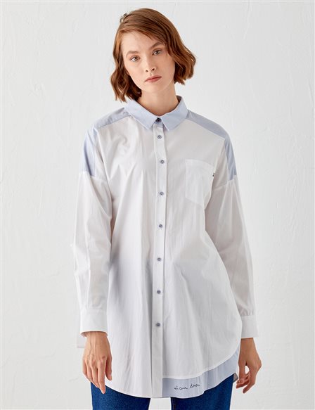 Renk Bloklu Şerit Detaylı Gömlek Tunik Mavi-Beyaz