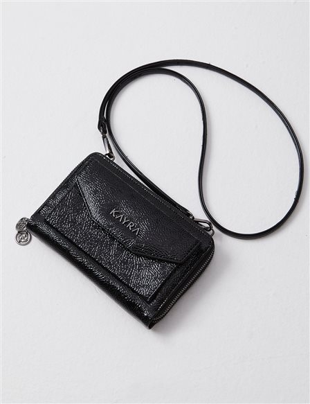 Double Compartment Shiny Leather Wallet Bag Black