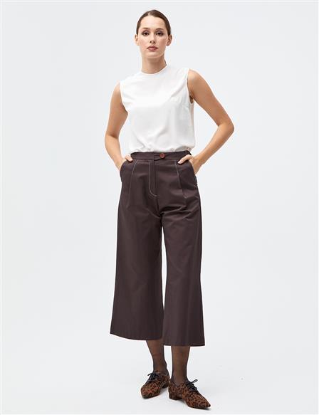 Contrast Stitched Wide Leg Pants Brown